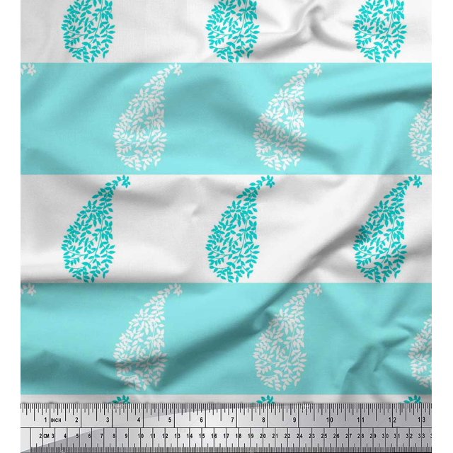 Soimoi Green polyester Crepe Fabric Stripe & Paisley Print Fabric by the Yard 52 Inch Wide