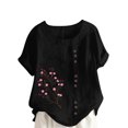 thumbnail image 1 of Pisexur Hauts pour Femmes Décontractés en Lin Col Rond Grande Taille Imprimé Manches Courtes T-shirt Blouse, Hauts d'Été pour Femmes Noir,G, 1 of 1