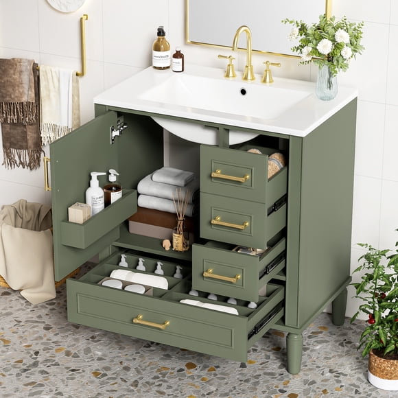 30.0 Bathroom Vanity with Sink, Olive Green Bathroom Cabinet with Sink and Storage Drawers, Solid Wood and MDF