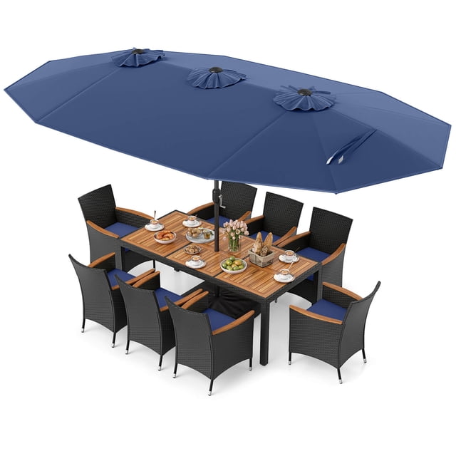 Costway Ensemble de Salle à Manger en Osier pour Patio 11 Pcs avec Parasol Extérieur Double Face 8 Chaises Empilables