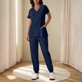 thumbnail image 2 of Yanlir Ensemble Deux Pièces pour Femmes, Blouse à Manches Courtes Boutonnée, Couleur Unie, Col en V et Pantalon à Bas Resserré, Mode (Bleu Foncé, 2TG), 2 of 6