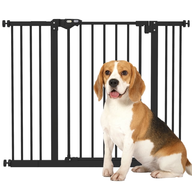 PawHut 30 Inch High Pet Gate, Dog Gate for Stairs, 29"-39.4" Width, black metal gate with adjustable width and automatic closing door. Ideal for hallways, doorways, and staircases to keep pets in designated areas. A beagle sits in front of the gate, showcasing its functionality as a pet barrier.