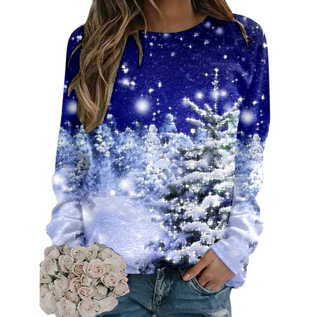 MAWCLOS Sweat-Shirt de Noël pour Femmes Col Rond Sweat-Shirts de Noël Imprimé Élan Pull Décontracté Manches Longues Jumper Neige Tombante Arbre de Noël m