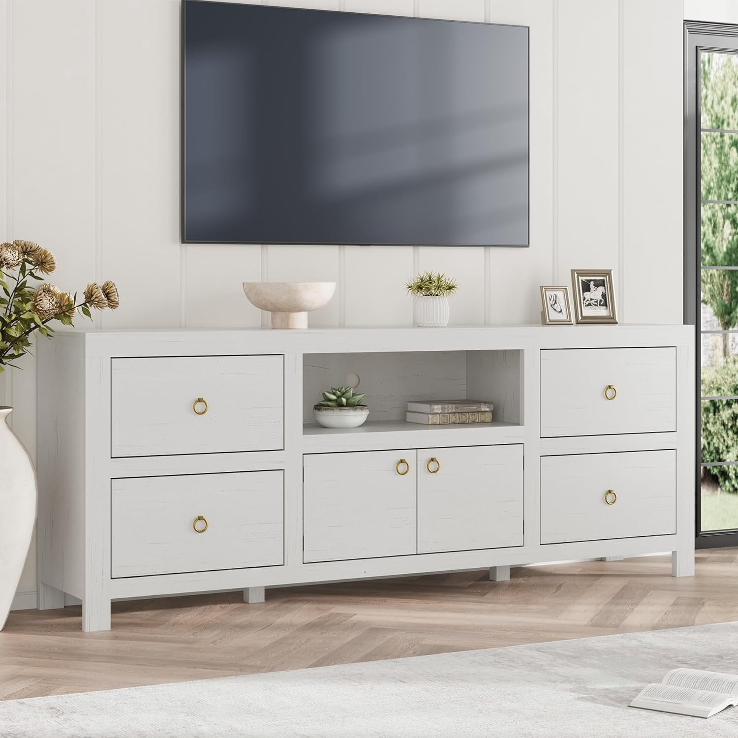 Farmhouse TV Stand for 75/80 Inch TVs, 70" Long Entertainment Centre with 6 Storage Drawers & Soundbar Shelf, White Television Consoles Stands for Living Room, Bedroom