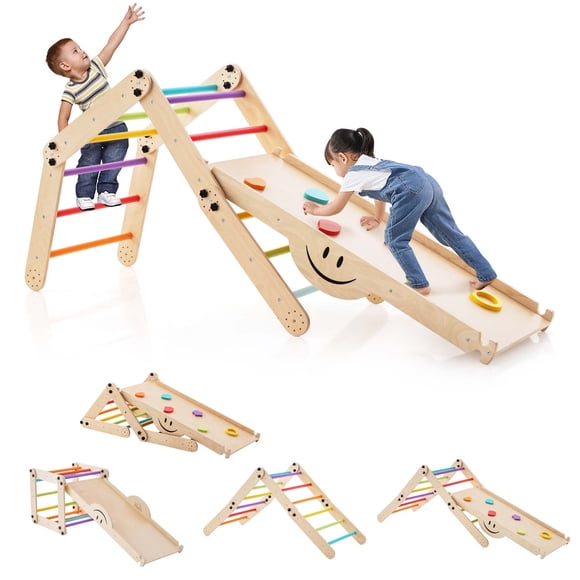 Costway Jouets d'Escalade en Bois pour Tout-Petits, Gymnase Jungle avec Rampe Réversible, Bascule, Grimpeur Coloré