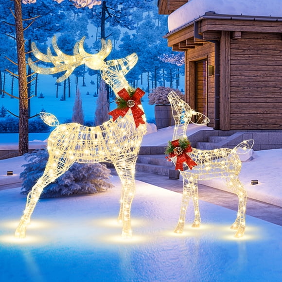 Costway 2 Pcs Rennes de Noël Éclairés Décoration de Noël Pré-Éclairée 50+120 LED