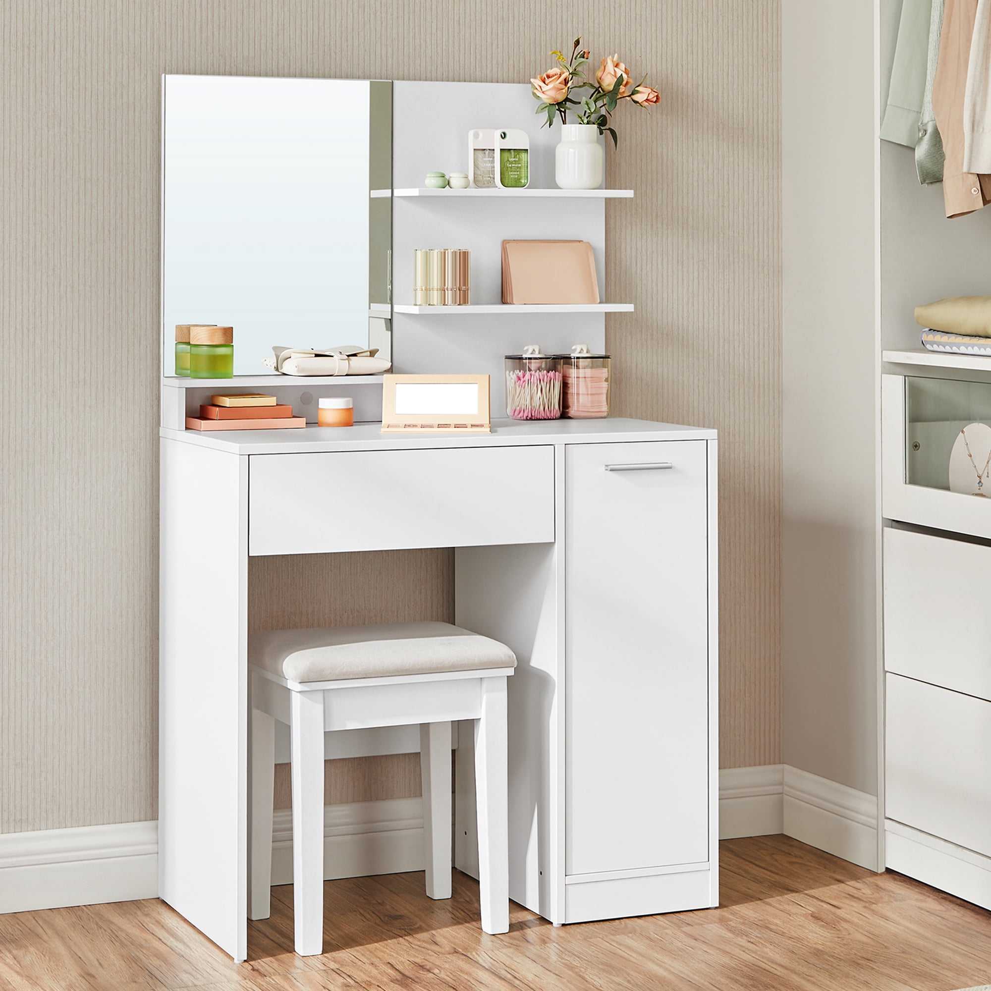 VASAGLE Coiffeuse avec Miroir, Table de Maquillage avec 1 Tiroir, 2 Étagères, Armoire de Rangement, Table de Toilette, Moderne, Blanc, Adulte