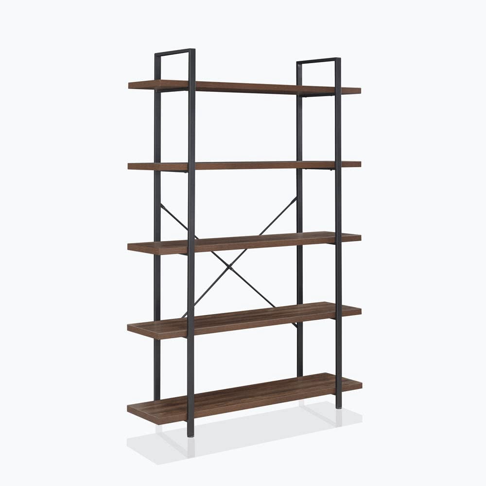 BELLEZE 5 Tier Bookshelf, Vintage Tall Bookcase Industrial Ladder Shelf Units Storage Organizer Rack Metal Frame Display Rack Wooden Standing Book Shelves for Living Room Bedroom, Rustic Oak