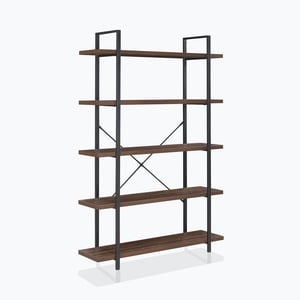 BELLEZE 5 Tier Librairie Tall, Vintage Bibliothèque Industrielle Échelles Étagères Rangement Organisateur Rack Cadre en métal Affichage Rack Standing Livre en bois étagères pour la chambre à coucher, Rustic Oak