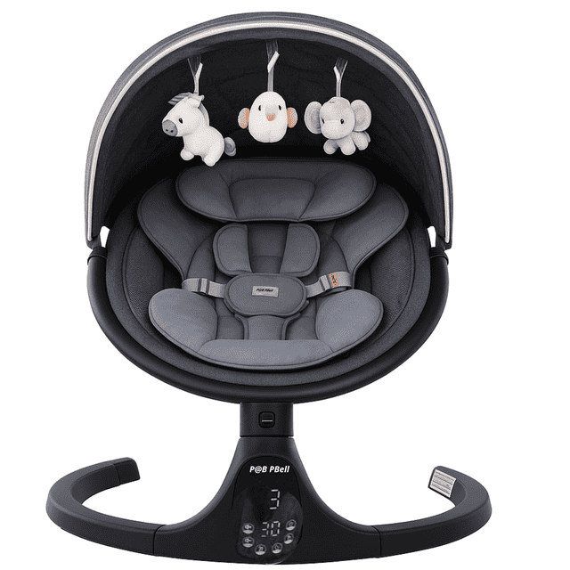 P@B PBell Baby Swings for Infants in black, designed with 3 adjustable seat positions, a 5-point harness belt, and 5 swing speeds. Features a remote control for easy adjustments. Compact and portable with a foldable frame, ideal for small spaces or travel. Includes a canopy with three hanging plush toys and a digital control panel at the base. Perfect as a baby swing seat or portable baby swing for soothing comfort.
