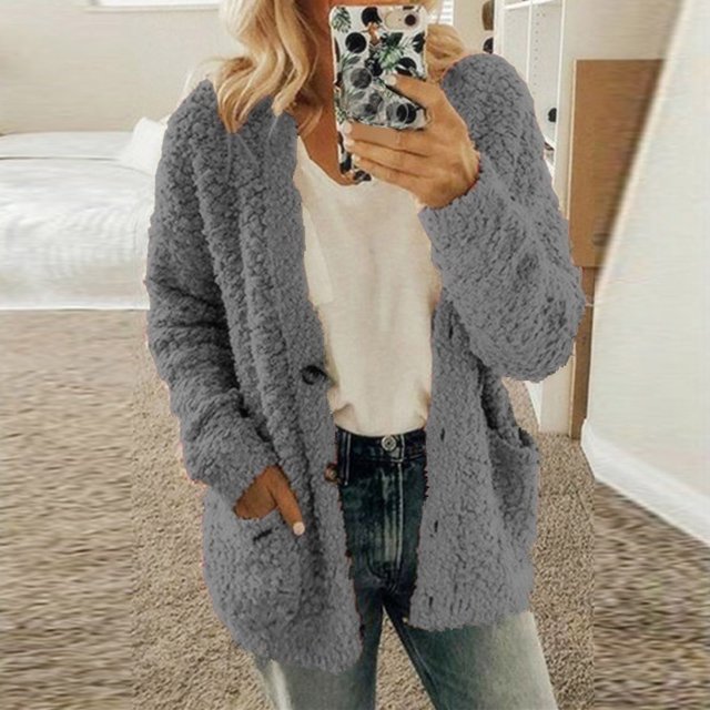 Shiusina Manteau Cardigan Décontracté pour Femmes Grande Taille en Peluche avec Poches et Boutons Gris Foncé