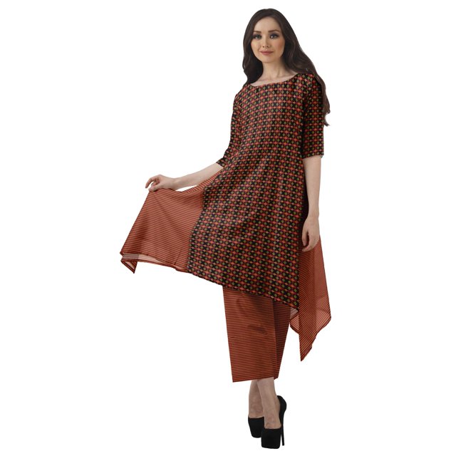 Moomaya Ensemble Kurti Kurta Pantalon pour Femmes Col Bateau Imprimé Robe 2 Pcs Tenue Ethnique