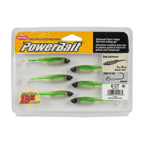 Berkley Powerbait Drip Minnow Ensemble Contenant six Leurres de Pêche en Plastique Souple de 3 Pouces à Doublure Verte avec Têtes Noires et Queues en Forme de Goutte, Conçus pour des Hameçons jighead, Offrant une Saveur Améliorée pour Garder les Poissons Mordeurs Plus Longtemps et Adaptés aux techniques de Pêche de finesse.