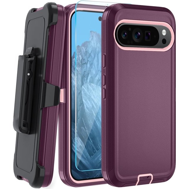KOMI for Google Pixel 9/ Pixel 9 Pro Case, with HD Tempered Glass Screen Protector, Heavy Duty Shockproof Drop Protective Rugged Tough Durable Phone Cover with Belt Clip-Burgundy/Pink