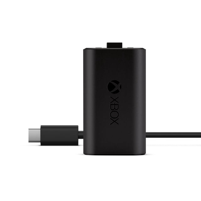 Xbox Rechargeable Battery + USB-C Cable with a matte black rectangular battery pack featuring the Xbox logo and an attached USB-C cable, designed for charging Xbox Wireless Controllers, ideal for uninterrupted gameplay and compatible with Xbox Series X.