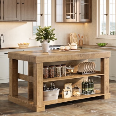 55-Inch Kitchen Island with 3 Shelves, Farmhouse Kitchen Island Table, Light Brown
