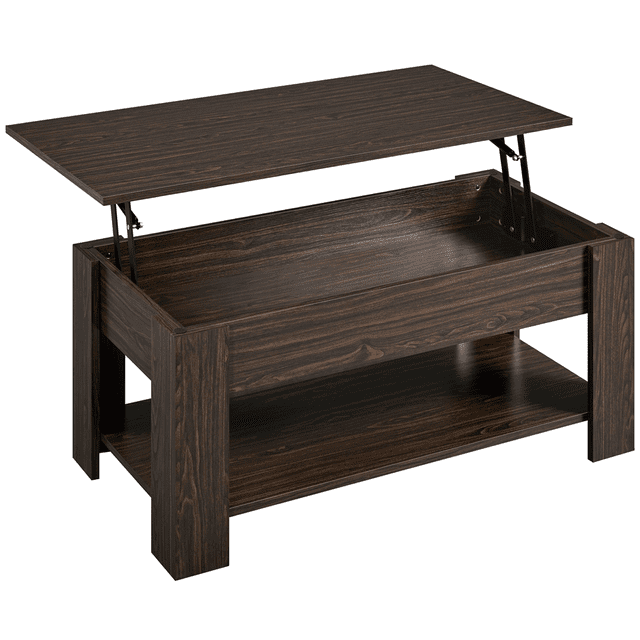 Fullfurnique Lift Top Coffee Table with Hidden Compartment & Open Shelf in espresso finish, showing the lift-top raised to reveal a spacious hidden storage compartment and an open lower shelf, made from durable MDF with a water-resistant coating, suitable for compact living spaces and often used as a casual workspace or dining surface.
