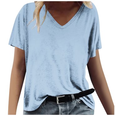 Timegard Hauts d'Été pour Femmes Manches Courtes Col en V Couleur Unie T-Shirt Basique Confortable Chemises Décontractées Amples