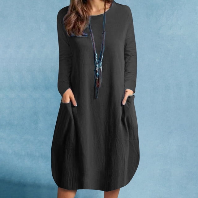 Petites Robes pour Femmes 2023 Mode Décontractée Col Rond Manches Longues Coton Lin Robe Mi-Mollet Poche Robes Unies Essayez avant d'Acheter Vêtements pour Femmes Robes en Liquidation