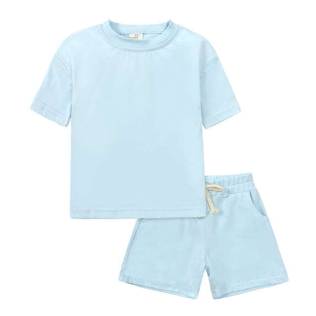 MIASHUI Boys Summer Tracksuit Outfits Solid Color Short Sleeve Shirts Shorts Outfits,Light Blue,8-9 Years