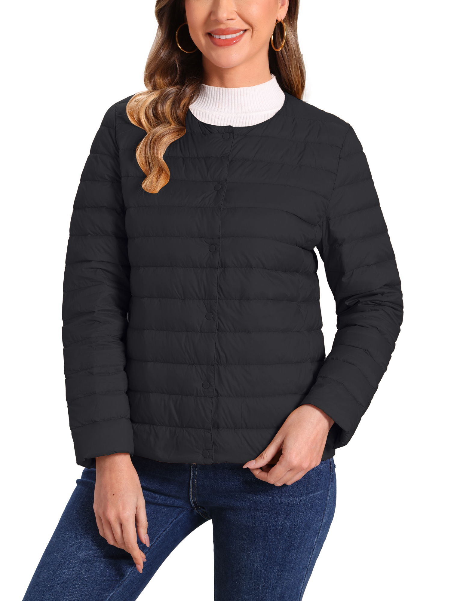 INSPIRE CHIC Women's Puffer Jacket Lightweight Button Down Packable Long Sleeve Coat S Black