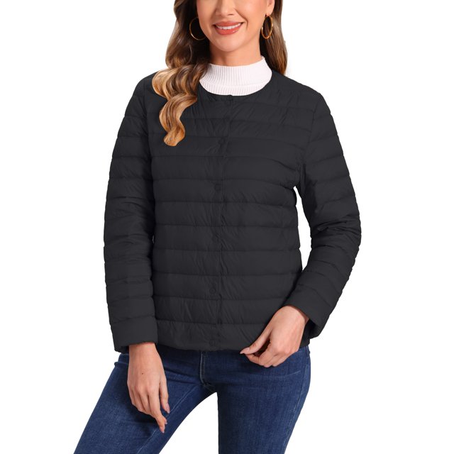 INSPIRE CHIC Women's Puffer Jacket Lightweight Button Down Packable Long Sleeve Coat S Black