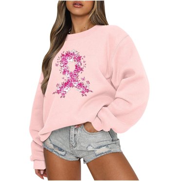 Jsaierl Sweat-Shirt Ruban Rose pour Femmes, Chemises de Lutte contre le Cancer du Sein, Hauts de Sensibilisation au Cancer, Pull à Manches Longues Surdimensionné, Cadeau pour Femmes