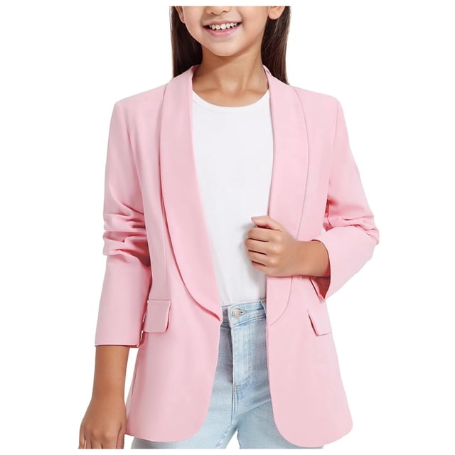 Elegant Girls Long Sleeve Shawl Collar Formal Suit With Inner Pocket And Open Front Design For Stylish Kids