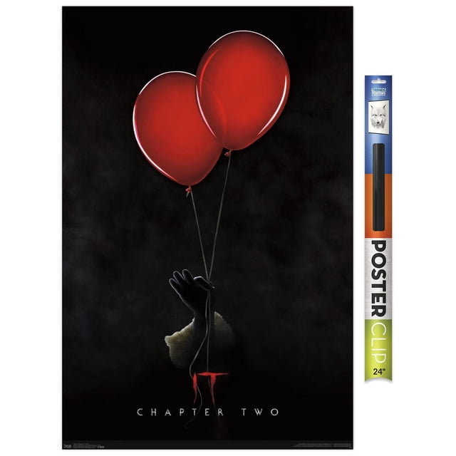 IT: Chapter 2 - Teaser One Sheet Wall Poster, 22.375" x 34" showing a centered front view of a dark gloved hand holding two bright red balloons on thin strings against a black background with 'IT Chapter Two' text below, suitable for wall art and home décor.