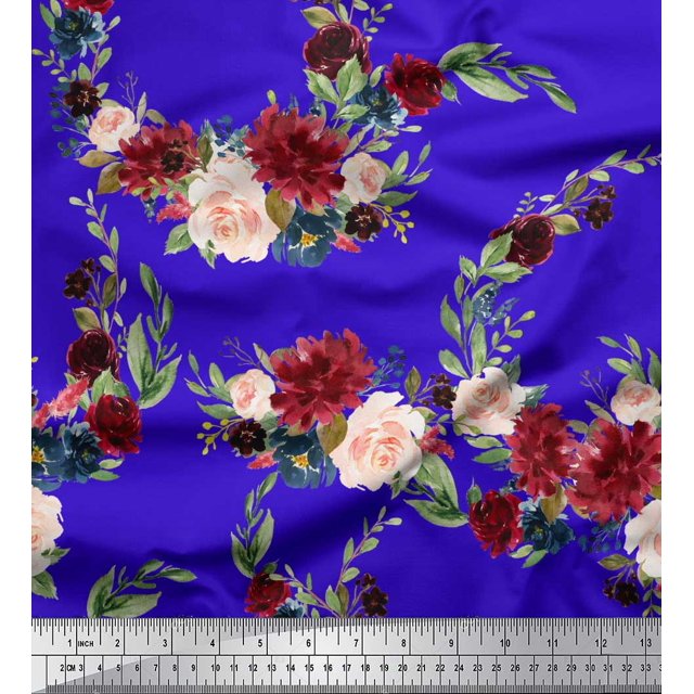 Soimoi Blue polyester Crepe Fabric Ranunculus & Penoy Floral Print Printed Craft Fabric By the Yard 52 Inch Wide
