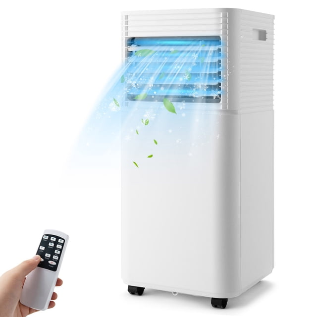 Gymax Climatiseur Portable 3 en 1 Unité de Climatisation Refroidisseur d'Air 8000 BTU 230 Pi2 en design Blanc et Noir. l'Unité Présente une Forme Rectangulaire Compacte avec une Grande Sortie d'Air en Haut, Émettant de l'Air Frais et des Graphiques de Feuilles Vertes pour Symboliser la Fraîcheur. une Télécommande Est Montrée au Premier Plan, Mettant en Valeur Son Fonctionnement Intelligent. le Climatiseur Comprend Quatre Roulettes pour la Portabilité et Convient aux modes Refroidissement, Ventilation, Séchage et Sommeil. Idéal pour les Espaces jusqu'à 230 Pi2.