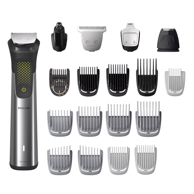 Philips Series 9000 Tondeuse Tout-en-un avec Manche en Acier Inoxydable de Qualité Supérieure et Prise en Caoutchouc, Illustrée avec 22 Outils et Accessoires Inclus. l'Ensemble Comprend 5 Accessoires, 12 Protège-Oreilles, un Peigne de Précision, une Tondeuse Nez/oreilles et une Brosse de Nettoyage. Conçu pour le Soin du Visage, de la Tête et du Corps, Il Comprend des Lames en Acier Inoxydable Auto-Affûtantes, la Technologie BeardSense et une Puissante Batterie lithium-ion Offrant jusqu'à 3 Heures d'Autonomie. la Tondeuse Est Résistante à l'Eau et Est Fournie