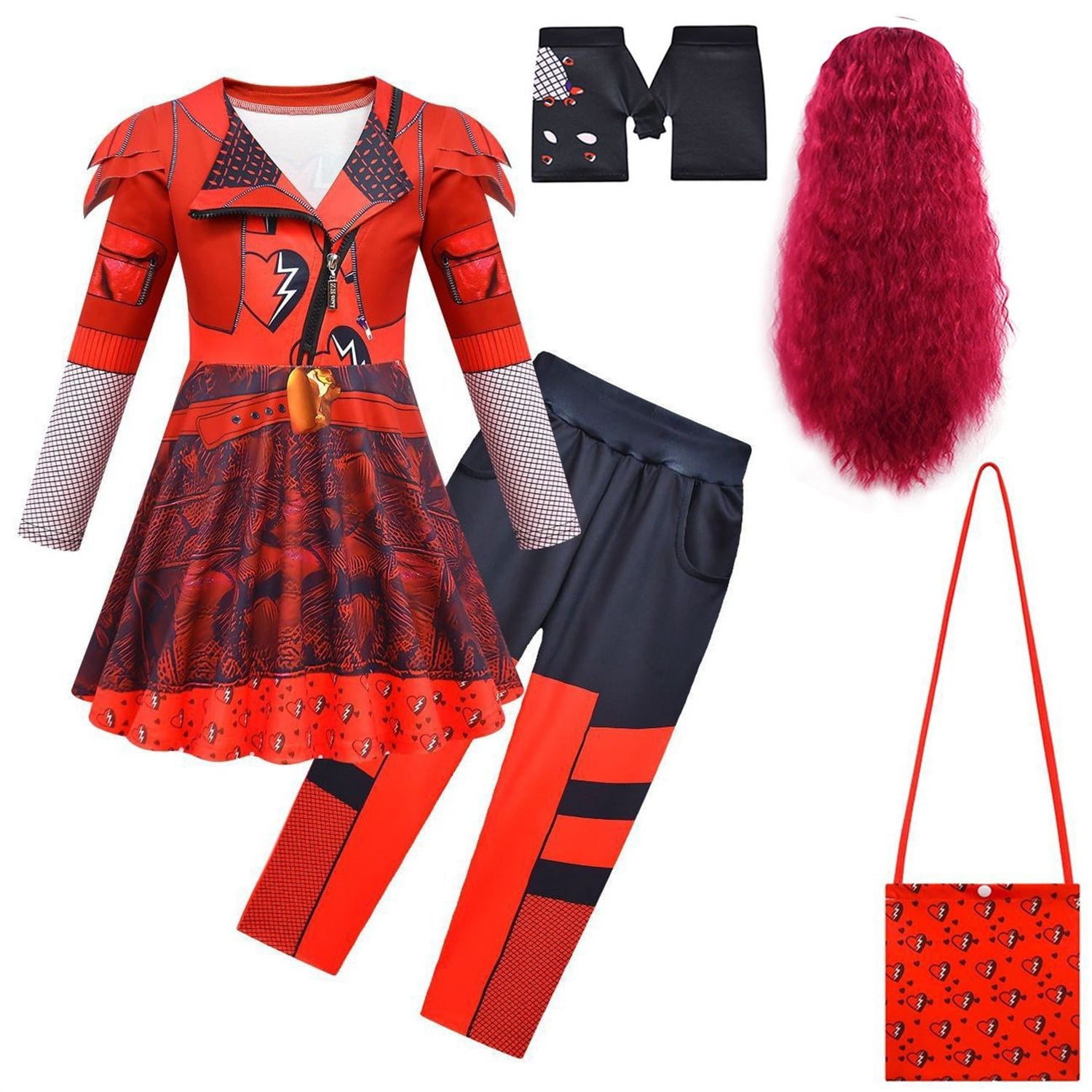 Combinaisons de Costume Rouges pour Fille, Robe Rouge à Enfiler et Pantalon, Déguisement d'Halloween pour 3-12 Ans, avec Perruque