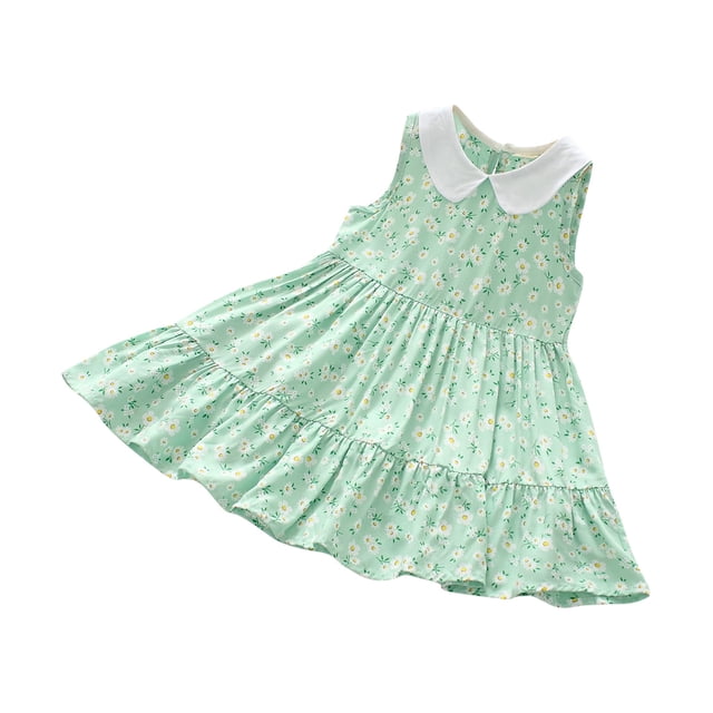 Yanlir Robe Confortable pour Bébé Fille, Enfants, Sans Manches, à Volants, Imprimé de Fleurs Douces, Col Rond, Robe Mi-Mollet pour Tenues Adorables 2-10 Ans (Vert, 7-8 Ans)
