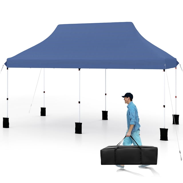 Gymax Abri Instantané Pliant 10 x 20 Pi en Bleu, avec une Aire Spacieuse de 10 x 20 Pi et 3 Hauteurs Ajustables Allant de 9,7 à 10,4 Pi. la Tente Est Soutenue par un Cadre en Métal Enduit de Poudre Robuste et un Auvent en Tissu oxford durable avec Revêtement Argenté pour protection Solaire UPF50+. Comprend 12 Piquets de Sol en Métal, 6 Cordes Coupe-Vent et des Sacs de Sable pour la Stabilité. Convient aux Événements Extérieurs comme les Mariages, les Marchés et les Rassemblements dans la Cour. Comprend un Sac de transport