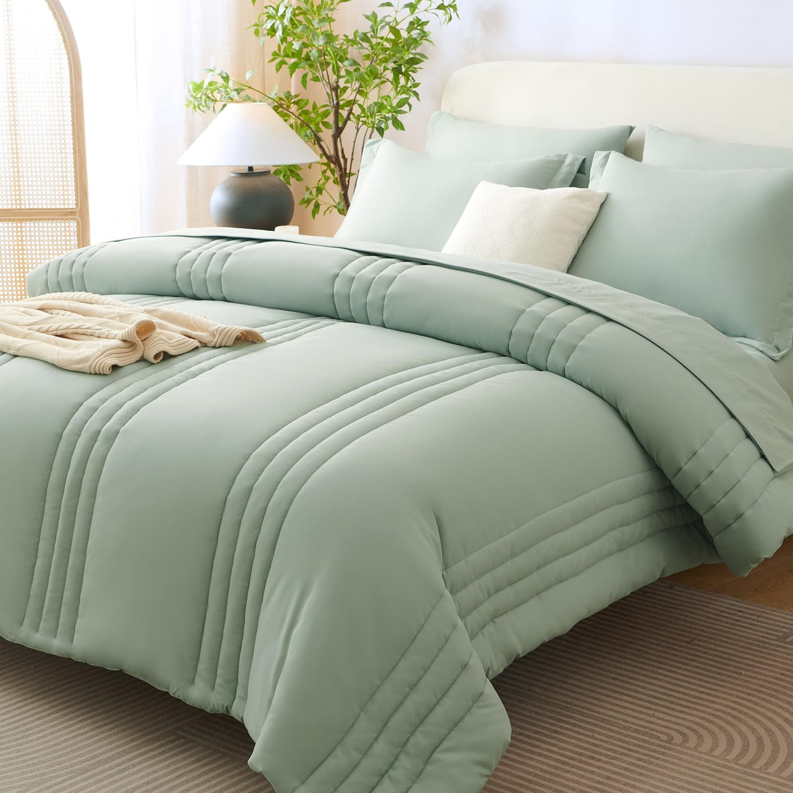 CozyLux King Size Comforter Set - 7 Pieces Bed in a Bag Sage Green Comforters King Size Bed Set Soft Bedding Set with All Seasons Comforter Sheets Pillowcases & Shams