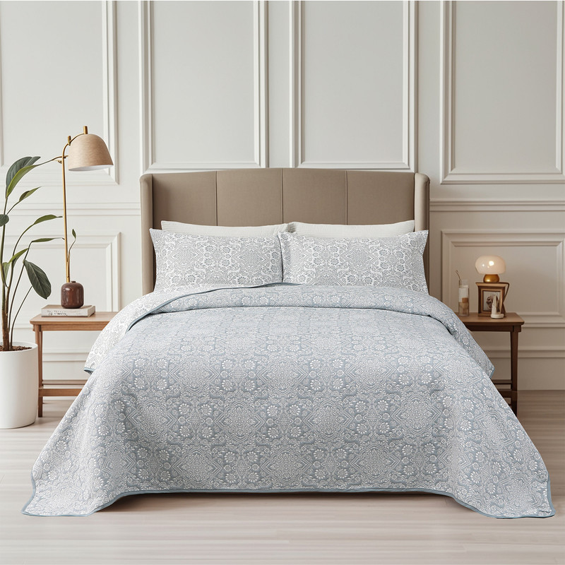 Marina Decoration Jacquard Embroidered Stitching Coverlet Bedspread Ultra Soft Bedding Solid 2 Piece Summer Quilt Set with 1 Quilted Sham, Blue Floral Twin/Single