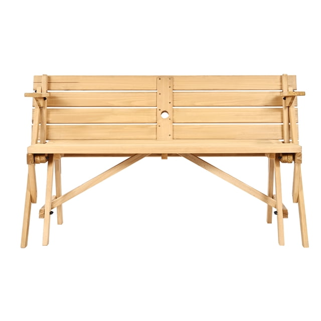 KFFKFF 2-in-1 Transforming Interchangeable Picnic Table, Outdoor Wooden Table and Bench Set, Portable Foldable Bench with Umbrella Hole, Patio Dining Furniture for Garden