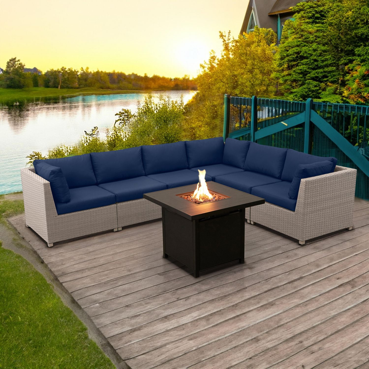 Chambers Bay Collection Ensemble de conversation de patio en aluminium 7 pièces avec coussins bleu marine et table à feu carrée