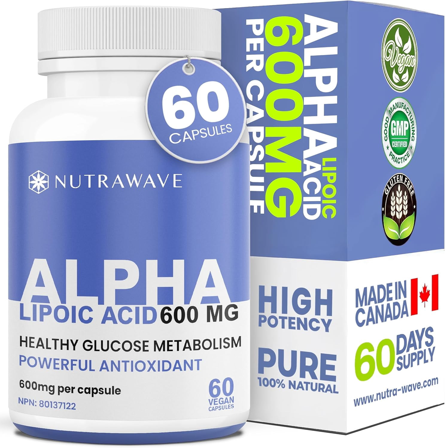 Nutrawave Alpha Lipoic Acid 600 mg – Antioxidant Support for Cellular Energy & Nerve Health, 60 Vegan Capsules, Non-GMO, Gluten-Free, Made in Canada