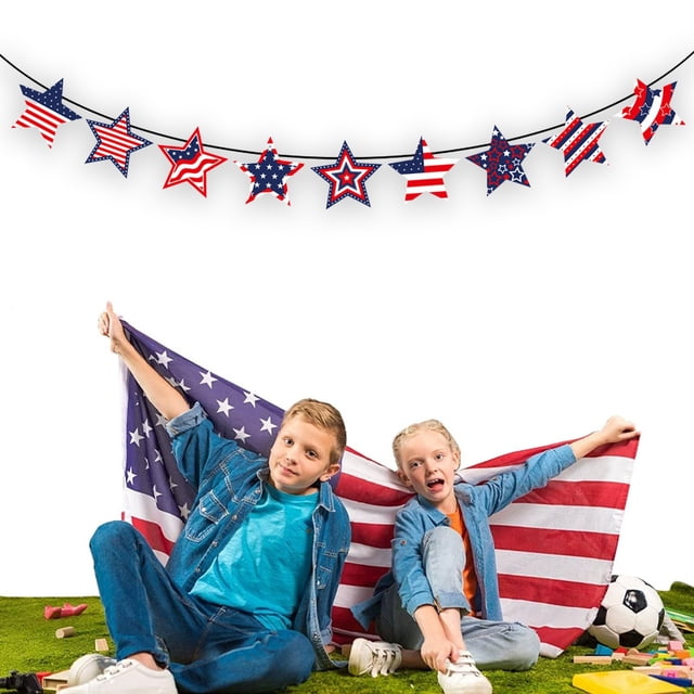 Bannière Décorations du 4 Juillet, Guirlande d'Étoiles Patriotique pour Décorations du 4 Juillet, Fanion Étoiles Rouge Blanc Bleu pour le Memorial Day, la Fête des Anciens Combattants, Décorations Suspendues pour la Fête de l'Indépendance