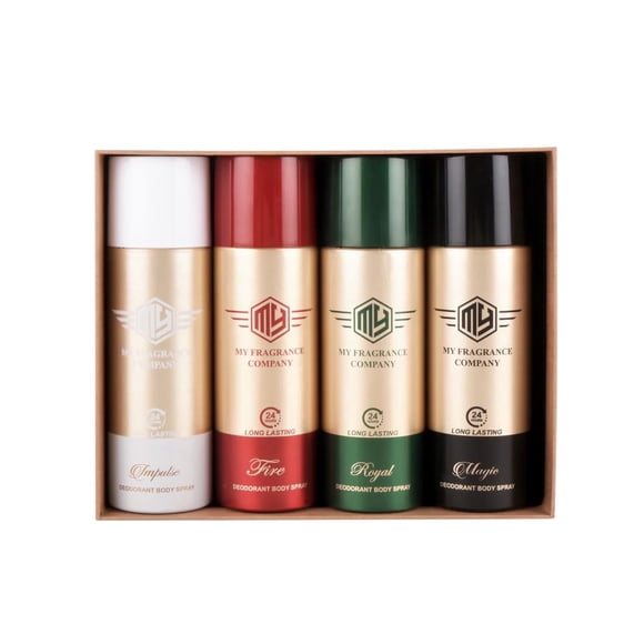 My Fragrance Company Impulse + Fire + Royal + Magic Deodorant Body Spray Set For Men & Women Pack Of 4 X 165ml - 5.5 Fl.oz. Each | 24 Hours Long Lasting Deo - For Party Wear & Daily Use