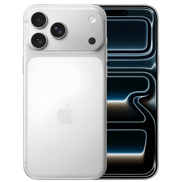 Restored Apple iPhone 17 Pro Max - Excellent Condition - 256GB - Silver - front-facing 3/4 view showing the 6.9-inch LTPO Super Retina XDR OLED display with slim bezels, rounded aluminum alloy frame and glossy silver glass back; visible rear 48MP triple camera array with periscope telephoto module, side buttons and stereo speaker grilles on a neutral gray background; suitable for mobile photography and streaming.
