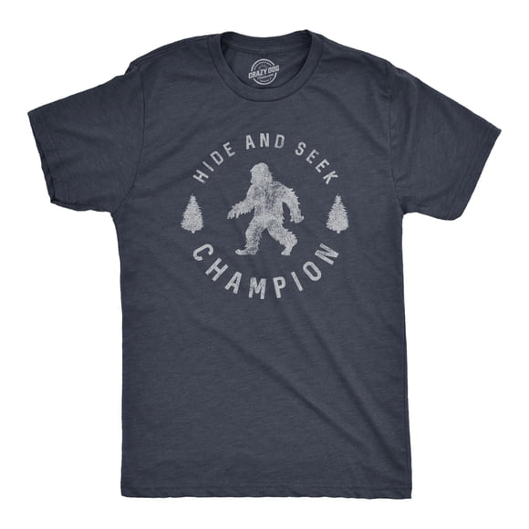 Mens Hide and Seek Champion T shirt Funny Bigfoot Tee Humor Cool Graphic Print (Heather Navy) - 4XL