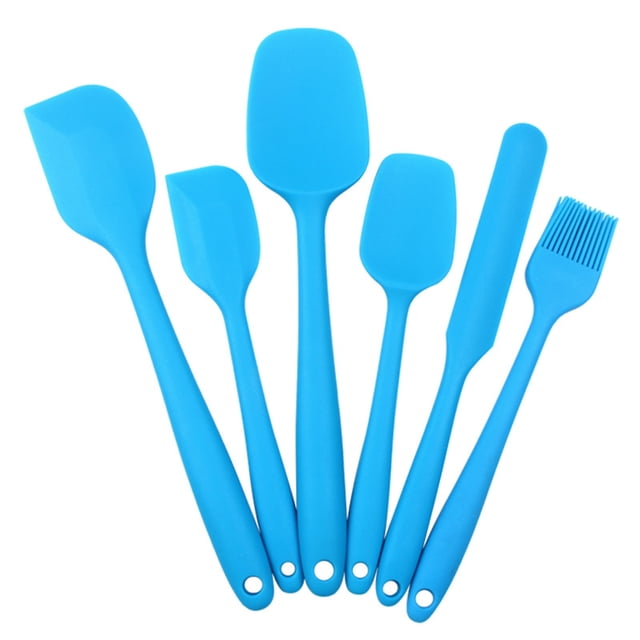 Rbaofujie Kitchen Decor 6 Piece Spatula Set featuring durable, heat-resistant silicone construction in a vibrant blue color. Includes a variety of spatulas and a basting brush, all with seamless one-piece designs and non-slip grips. Suitable for cooking, baking, mixing, and icing. Dishwasher safe and nonstick, ideal for nonstick cookware.