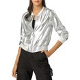 thumbnail image 2 of INSPIRE CHIC Women's Costume Stand Collar Metallic Zip Crop Length Bomber Jacket, 2 of 6