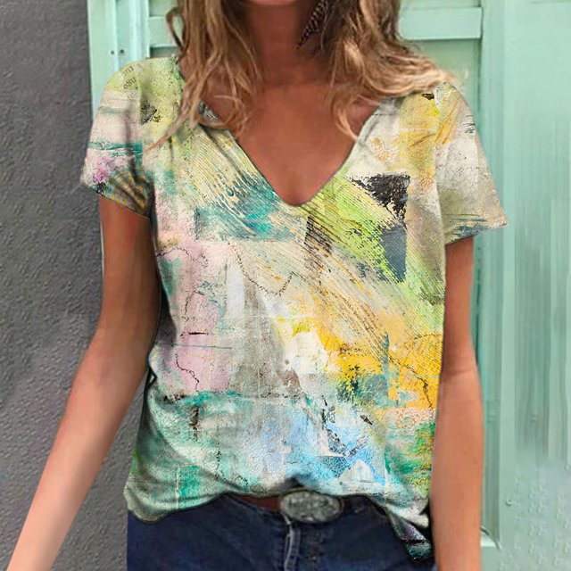 Hauts d'Été Grande Taille pour Femmes Chic Femmes Blouse d'Été Imprimée T-Shirts Décontractés Col en V Manches Courtes T-Shirts Hauts Col en V T-Shirt Femmes en Liquidation