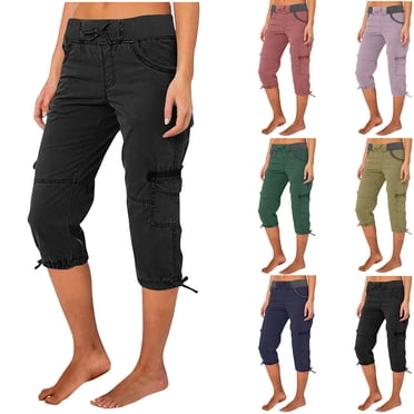 Wiyuqeen Womens Cargo Capris Drawstring Low Waisted Hiking Pants Casual Breathable Summer Cropped Pants Lounge Fitness Trousers with Pockets Solid Culottes