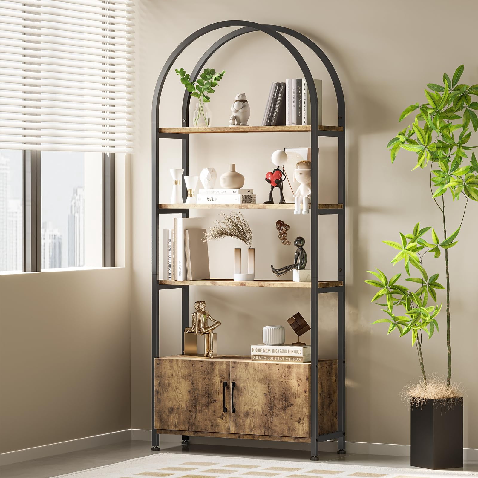 Ourlova 4 Tier Bookcase Bookshelf Arched Bookcase with Doors Storage Industrial Book Shelf with Sturdy Metal Frame Freestanding Display Shelving Bookshelf Brown and Black