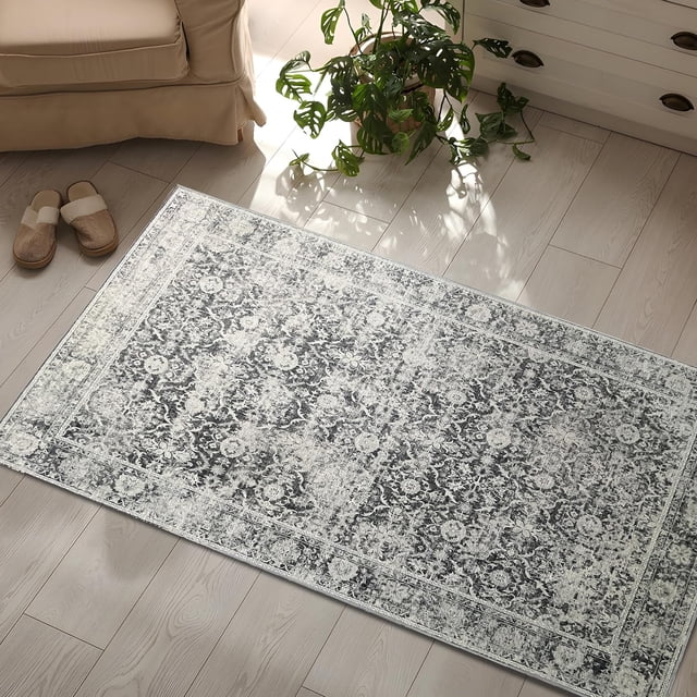 JV Home Area Rug Oushak Grey 4'x6' Washable Carpet Anti Slip